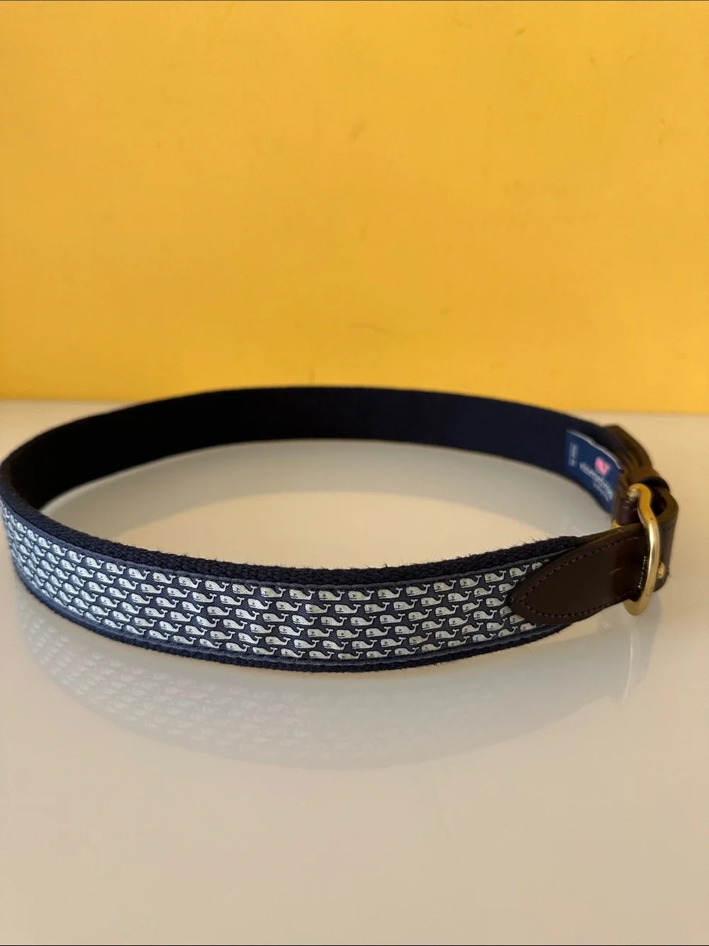 Vineyard Vines Navy Whale-Print Webbing Belt with Brown Leather Trim Size 30